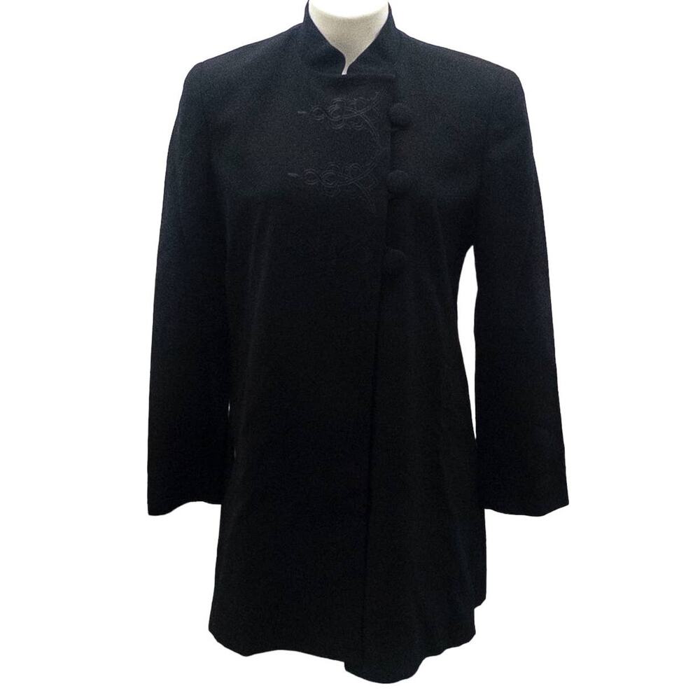 Christian Dior Vintage Embroidered Black Wool Long Coat Mandarin Collar Women 6